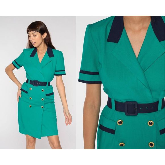 Vintage Green mini Pencil Dress 80s Button Up Sheath - Picture 1 of 8